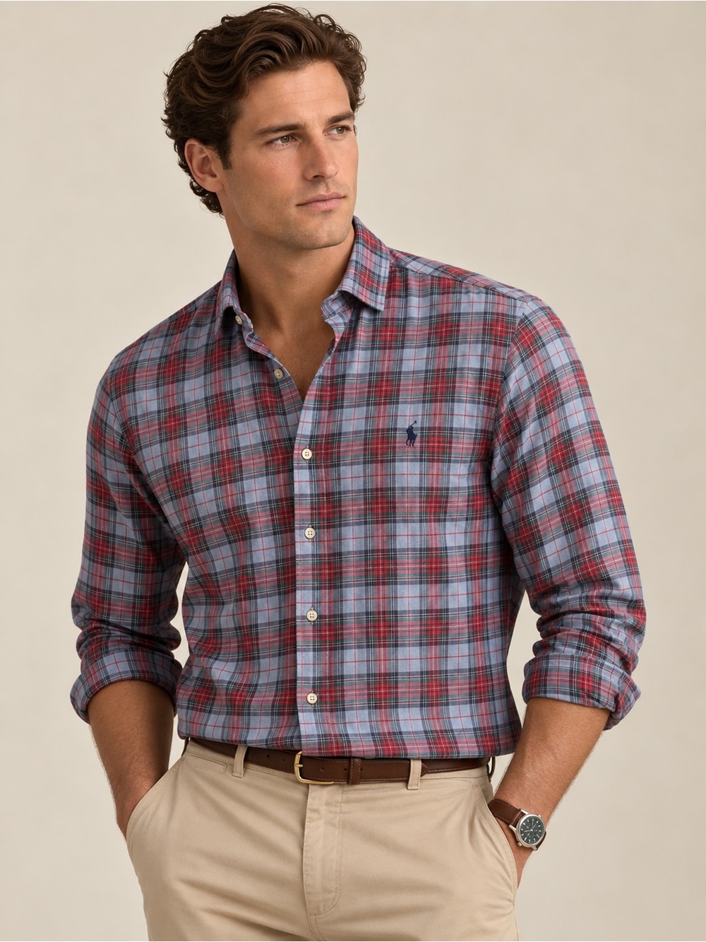 Ralph Lauren Blue and Red Plaid Cotton Button-Down Shirt